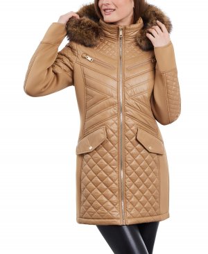 Женское стеганое пальто с отделкой из искусственного меха капюшоном Michael Kors
