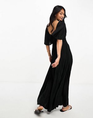 Черное платье миди с развевающимися рукавами и юбкой со складками ASOS DESIGN