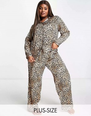 Длинный атласный пижамный комплект Plus с леопардовым принтом Loungeable