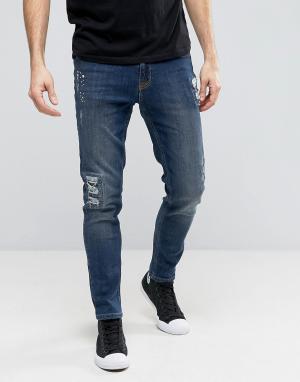 Рваные зауженные джинсы с заплатами и принтом в виде брызг краски Hoxt Hoxton Denim. Цвет: синий