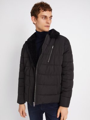 Тёплая стёганая куртка-косуха с отделкой из экомеха zolla. Цвет: черный