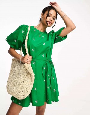 Зеленое мини-платье из хлопка с завязкой на талии и цветочной вышивкой Influence