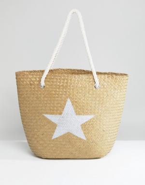 Пляжная соломенная сумка с серебристой звездой South Beach. Цвет: мульти