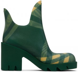 Зеленые резиновые ботинки в клетку Marsh на каблуке Burberry