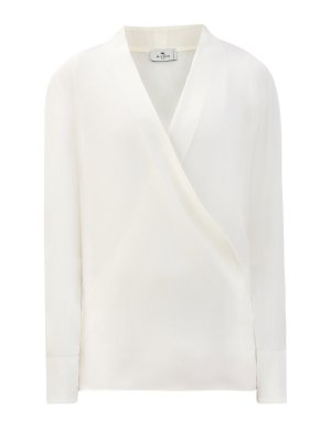Шелковая блуза с V-образным вырезом на запах ETRO. Цвет: белый