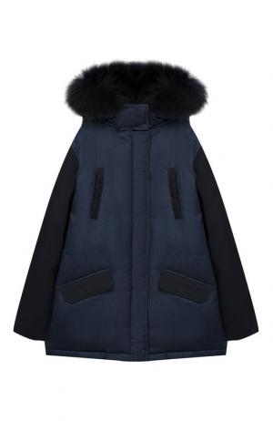Шерстяная куртка с меховой отделкой на капюшоне Yves Salomon Enfant. Цвет: темно-синий