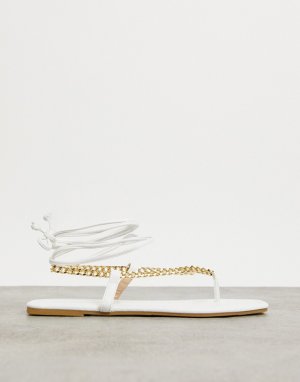 Белые сандалии на плоской подошве с цепочками -Белый Glamorous