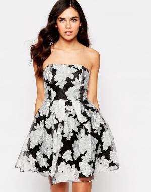 Платье-бандо из органзы с цветочным принтом Glamorous. Цвет: черный