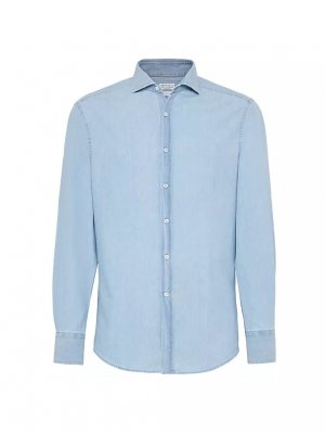 Рубашка узкого кроя из шамбре с джинсовым эффектом и раздвинутым воротником , цвет medium denim Brunello Cucinelli
