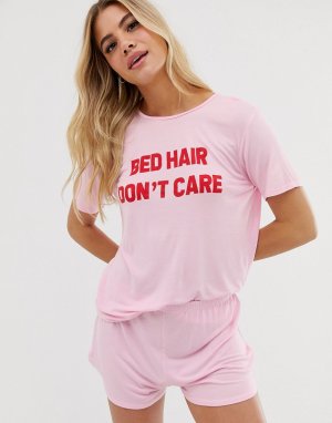 Пижамный комплект с футболкой и шортами bed hair dont care-Розовый Adolescent Clothing