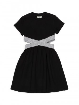 Платье с короткими рукавами и отделкой логотипом для маленьких девочек , черный Fendi
