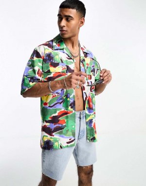 Разноцветная рубашка свободного кроя с короткими рукавами и воротником-стойкой GANT принтом