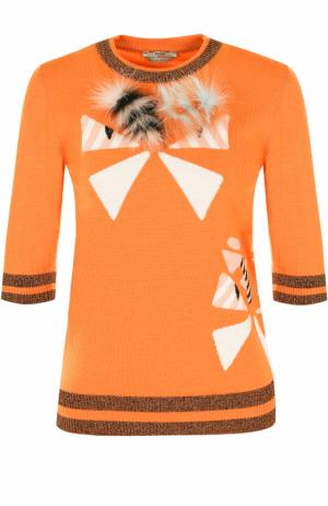 Шерстяной пуловер с укороченным рукавом и отделкой из меха лисы Fendi. Цвет: оранжевый