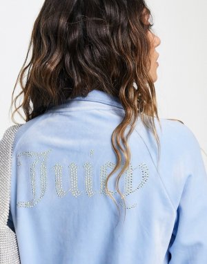 Голубая велюровая олимпийка на молнии с логотипом из стразов спине от комплекта -Голубой Juicy Couture