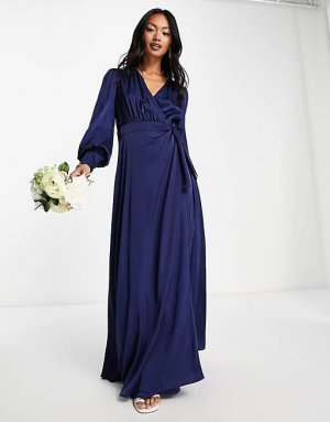 Темно-синее атласное платье макси с длинными рукавами Bridesmaid TFNC