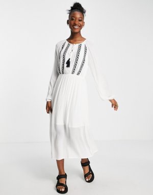 Свободное платье макси с длинными рукавами и отделкой вышивкой -Белый En Crème