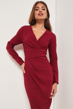 Приталенное платье с V-образным вырезом и длинными рукавами , красный Lipsy