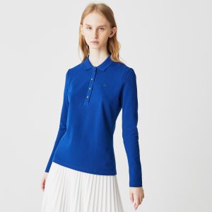 Поло Женская приталенная рубашка-поло из эластичного хлопка Lacoste. Цвет: тёмно-синий