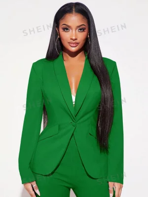 SXY Женский однобортный пиджак с закругленным воротником, зеленый SHEIN