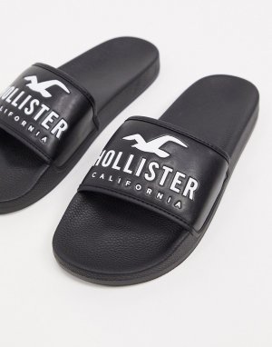 Черные шлепанцы с логотипом -Черный Hollister