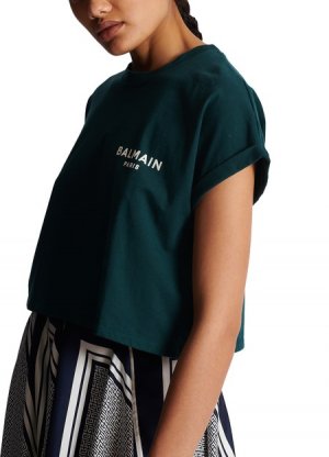 Короткая футболка из флокированного хлопка с небольшим логотипом, зеленый Balmain