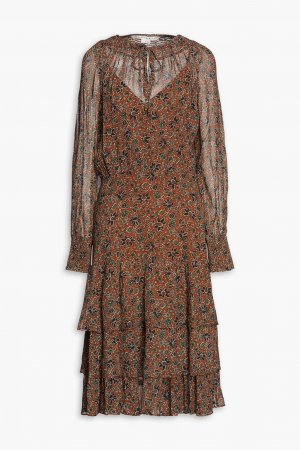Многоярусное платье миди из крепдешина с принтом Tunis , коричневый Veronica Beard