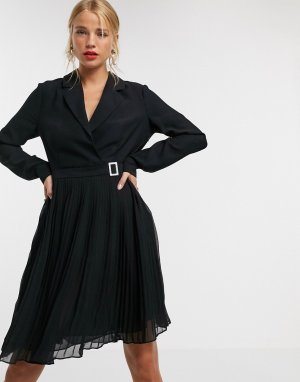 Черное платье-пиджак с поясом и расклешенной плиссированной юбкой -Черный цвет Morgan