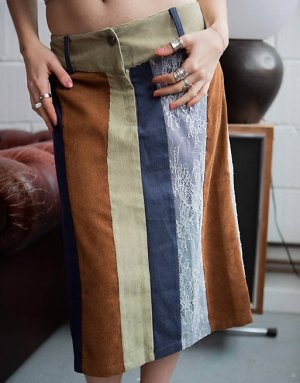 Разноцветная вельветовая юбка нестандартной длины в стиле пэчворк x Lara Adkins Labelrail