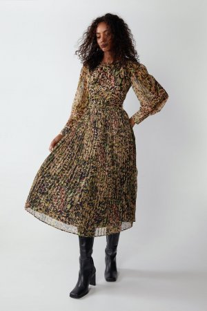Плиссированное платье миди с леопардовым принтом , мультиколор Warehouse