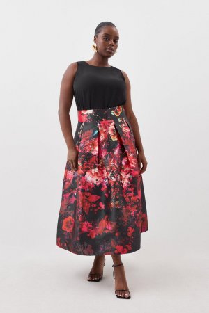 Плюс размер Атласная саржевая тканая макси-юбка для выпускного с цветочным принтом , мультиколор Karen Millen
