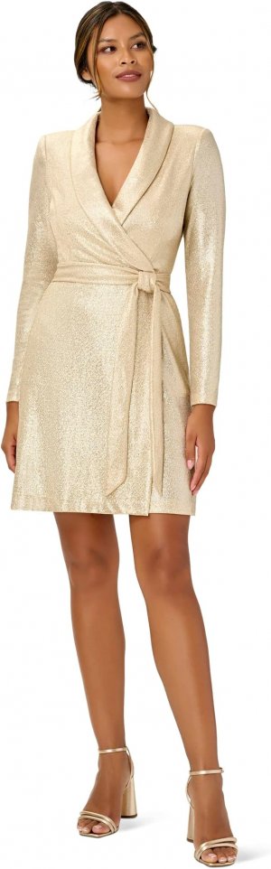 Эластичное платье-смокинг с длинными рукавами и металлизированным запахом , золото Adrianna Papell