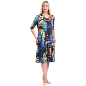 Платье с абстрактным рисунком повседневное офисное воланом 3/4 рукав plus size (большие размеры) OL/1805039/2-58 OLS. Цвет: синий