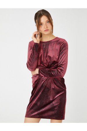 Бархатное мини-вечернее платье серебристого цвета с длинными рукавами и сборкой деталями , бордовый Koton
