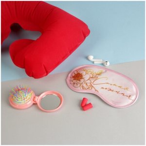 Дорожный набор : беруши, маска для сна, подушка, подарочная упаковка, 4 предмета, красный, розовый Сима-ленд