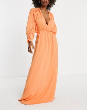 Пляжное платье макси кораллового цвета с глубоким вырезом для груди большого размера Fuller Bust-Оранжевый цвет ASOS DESIGN