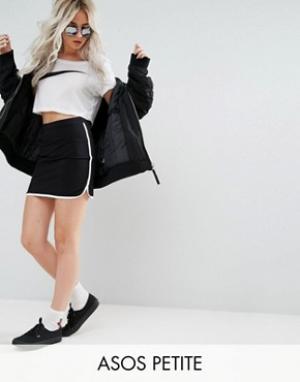 Мини-юбка с контрастной окантовкой в спортивном стиле ASOS PETITE. Цвет: черный