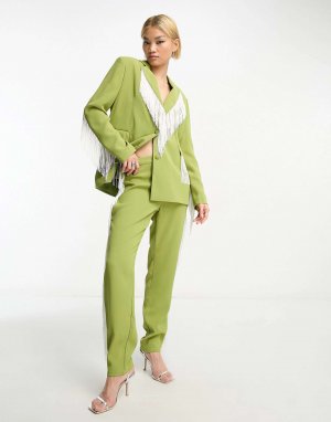 Прямые брюки премиум-класса с бахромой в зелено-белом сочетании Extro & Vert. Цвет: зеленый