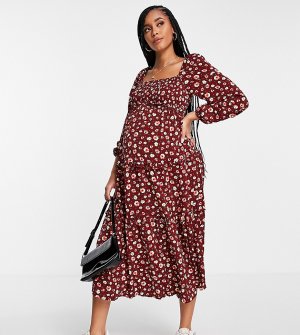 Бордовое ярусное платье мидакси с цветочным принтом -Красный Missguided Maternity