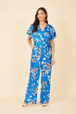 Синий атласный комбинезон с запахом и цветочным принтом, рукава-кимоно , Yumi