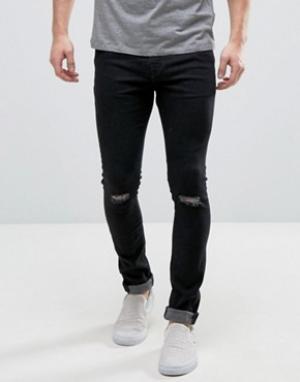 Черные джинсы суперскинни с рваными коленями Hoxton Denim. Цвет: черный