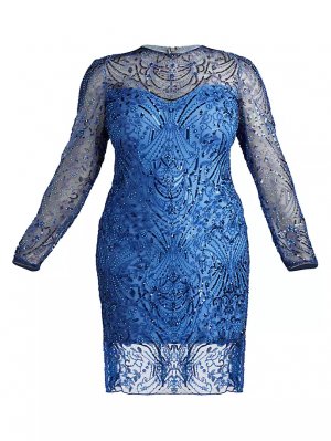 Платье-футляр с длинными рукавами и расшитым бисером кружевом , синий Tadashi Shoji