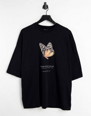 Черная oversized-футболка с принтом бабочки и надписью спереди -Черный цвет ASOS DESIGN