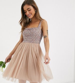 Короткое приталенное платье для выпускного с квадратным вырезом и пайетками Bridesmaid-Розовый цвет Maya Petite