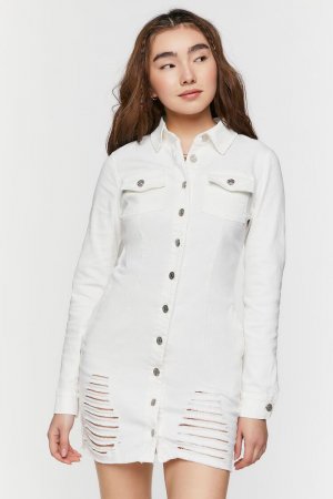 Джинсовое мини-платье-рубашка с потертостями , белый Forever 21