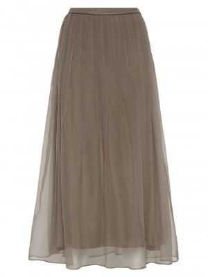 Плиссированная юбка-миди из хрустящего шелка с блестящим поясом , коричневый Brunello Cucinelli