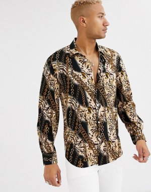 Свободная рубашка из вискозы с леопардовым принтом и длинными рукавами -Коричневый Devils Advocate