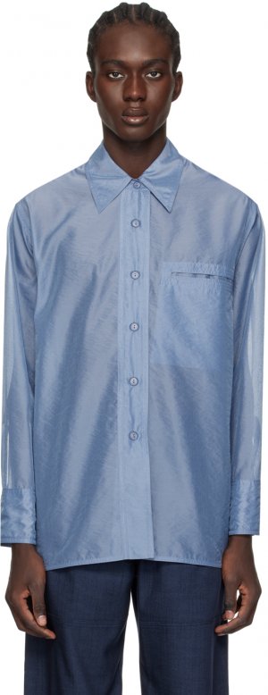Синяя прозрачная рубашка с вышивкой Low Classic