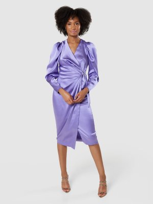 Атласное платье с узлом на талии, фиолетовое Closet London