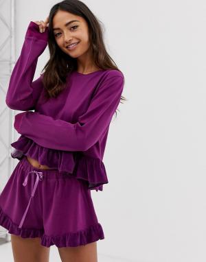 Фиолетовые бархатные пижамные шорты с оборками Hey Peachy. Цвет: фиолетовый