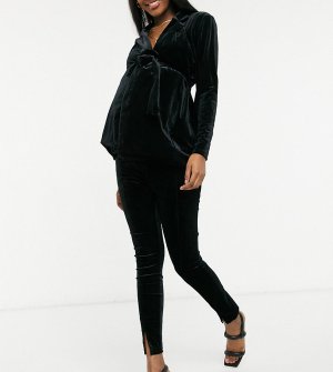 Бархатные костюмные брюки черного цвета с разрезами спереди и посадкой над животом ASOS DESIGN Maternity-Черный Maternity